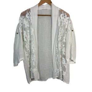 Embroidered 100% Linen Open Front Cardigan XL White Semi Sheer Coastal Classy